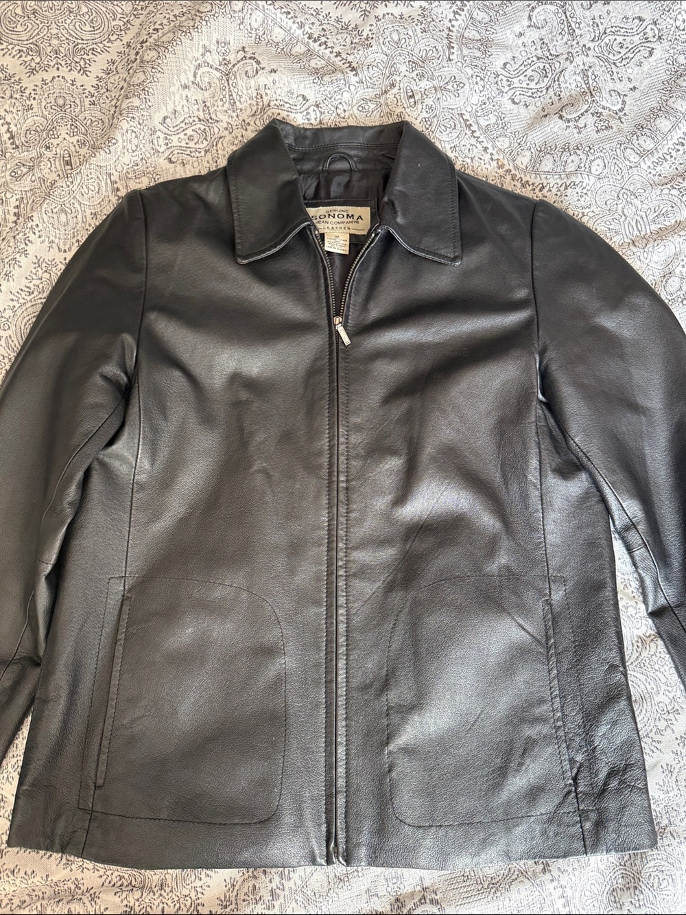 Sonoma Black Leather Zip-Up Bomber Jacket - Size Medium
